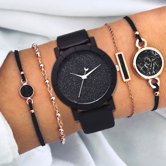 Glitter Dial Pointer Watch & 4pcs Bracelet